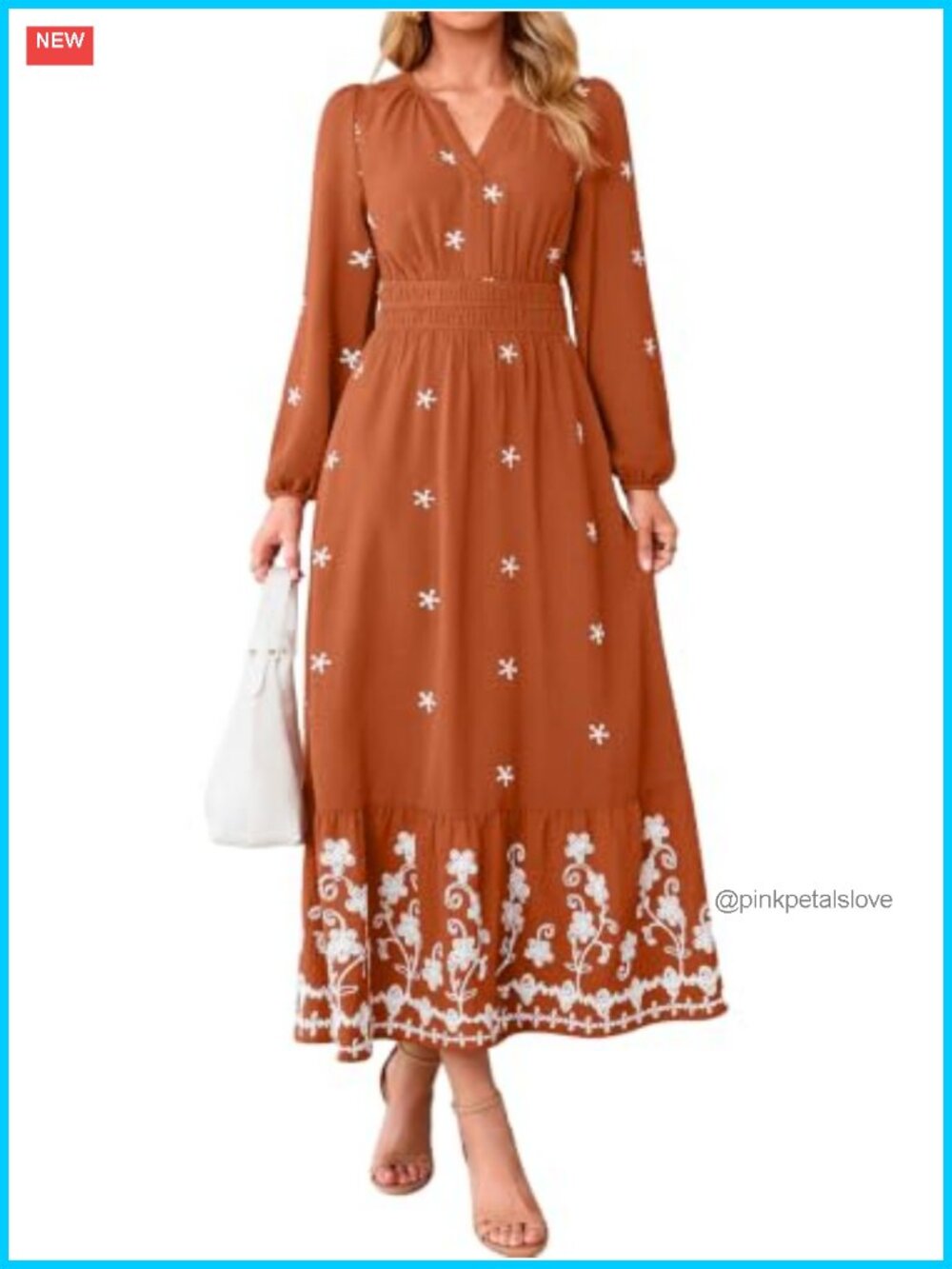 Simplee Floral Embroidered Maxi Dress Long Sleeve Smocked Waist A-Line